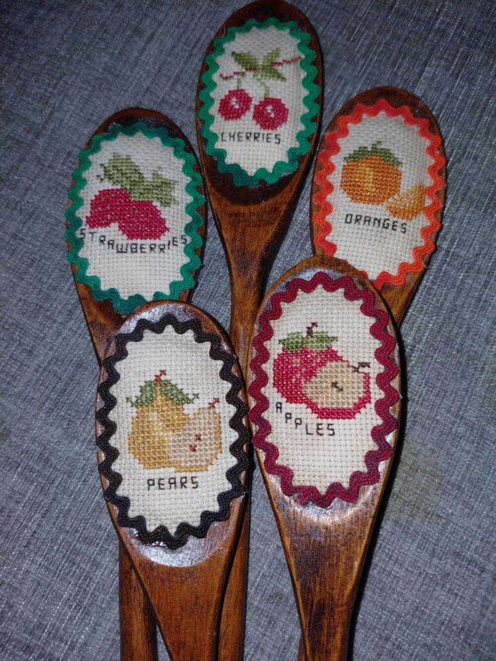 Vintage Cross Stitch Fruit Wooden Spoons Set of 5 Kitchen Wall Decor